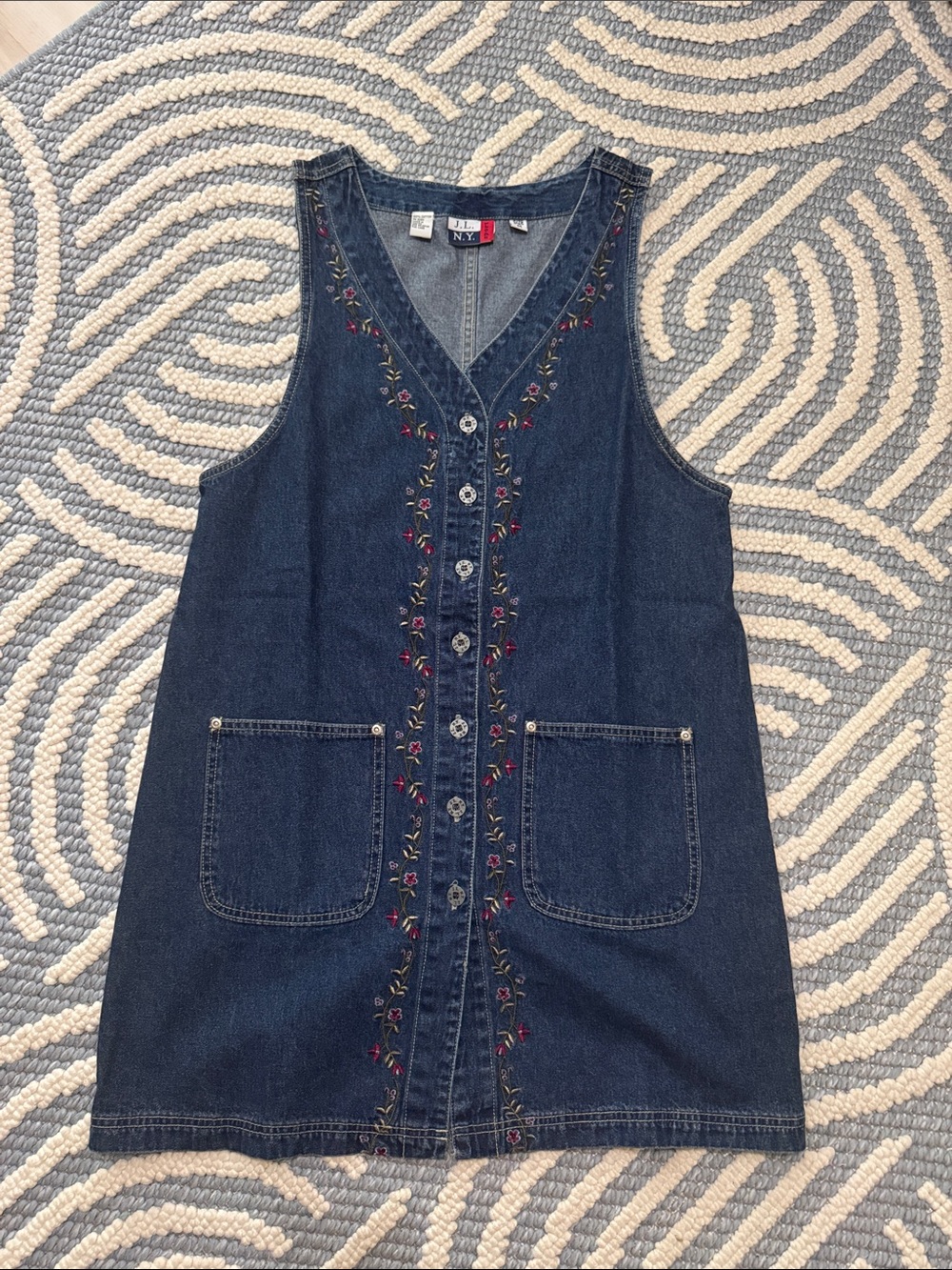Vintage 90s J.L. NY Embroidered Denim Jumper Dress Cottagecore M